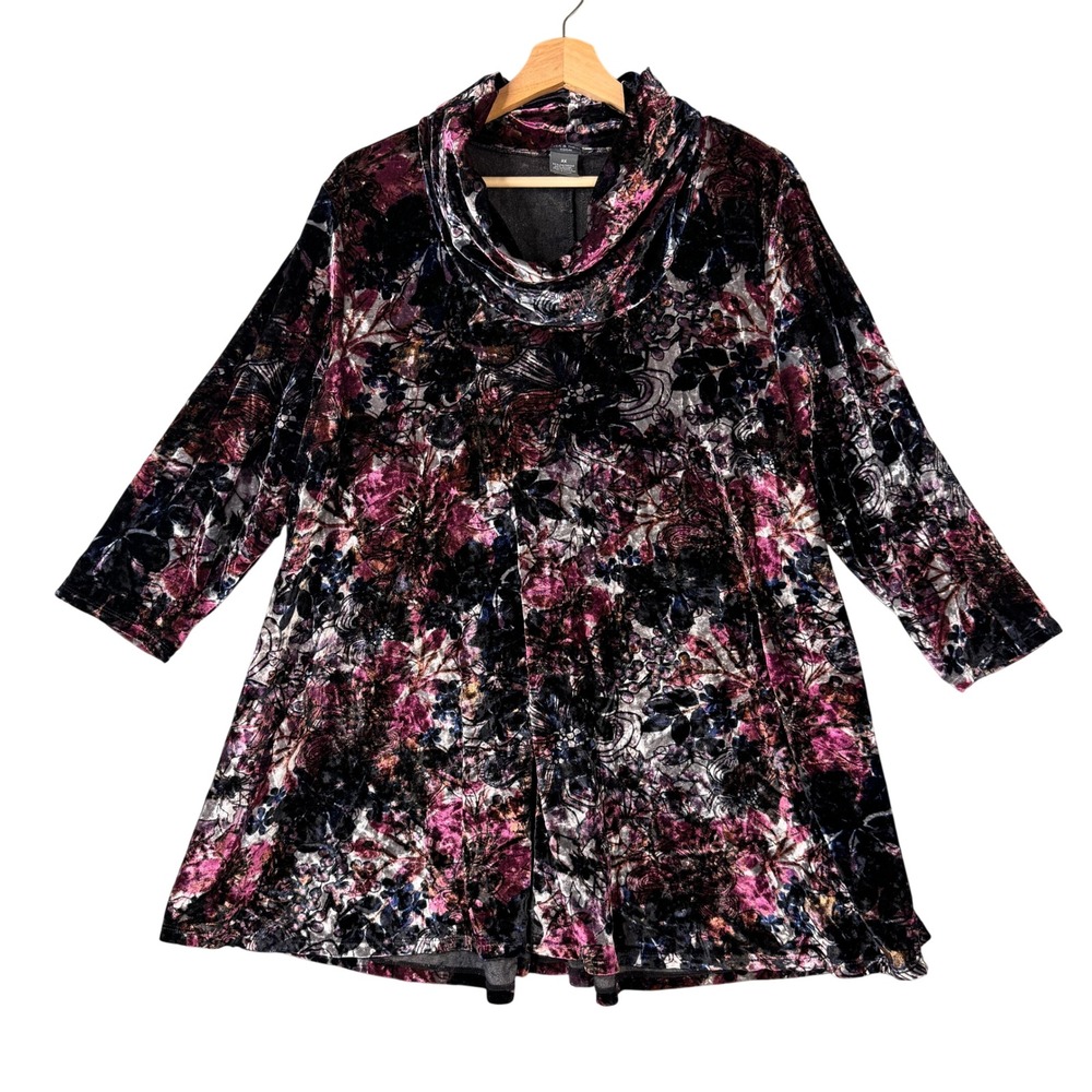 Chelsea & Theodore Woman 2X Velvet Floral Cowl Neck Tunic Top 3/4 Sleeve Purple